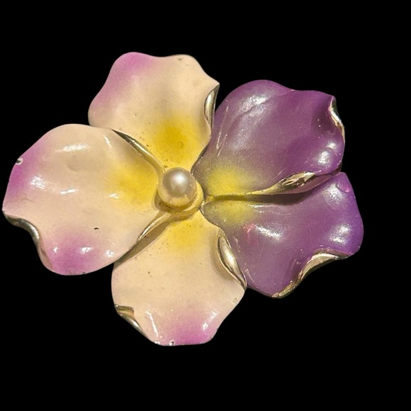 Enamel Pansy Flower Brooch Vintage - Picture 4 of 4